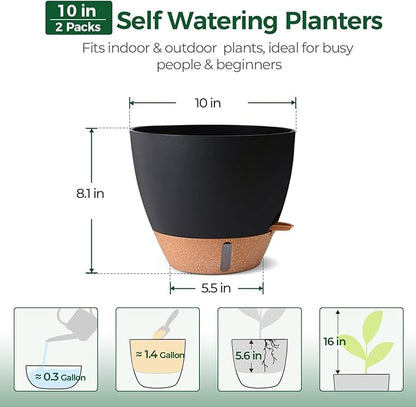 2 Pack 10 Inch Self Watering Pots - Water Level Indicator & Deep Reservoir, Mess-Free Planter for Busy People, Beginners & Gardeners, Fiddle Leaf Fig, Monstera, ZZ Plants, Indoor Outdoor Use (Black)