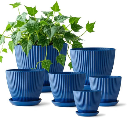 7.5/6.5/5.5/4.9/4.2/3.5 Inch Plant Pots with Saucers & Drain Holes - Indoor/Outdoor Flower Pots for Succulents, Herbs, Cactus - Modern Lightweight Durable Planter Set, Blue