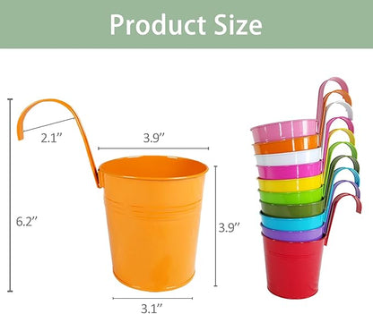 10 Pcs Fence Planters, 4" Metal Hanging Pots Plant Holder with Detachable Hook & Drainage, Railing Planter Flower Pot for Indoor Outdoor Balcony Patio Garden