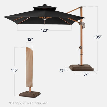 Best Choice Products 10ft Square Cantilever Patio Umbrella w/Base Included, Woodgrain Pattern Pole & Solar LED Lights, 360-Rotation, Offset Hanging Outdoor Shade - Black