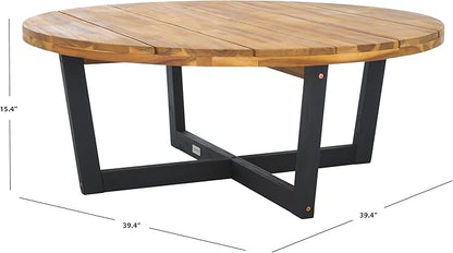 SAFAVIEH Outdoor Collection Leo Natural/Black 4-Leg Round Coffee Table, Ideal for Deck, Patio, Backyard, Sunroom