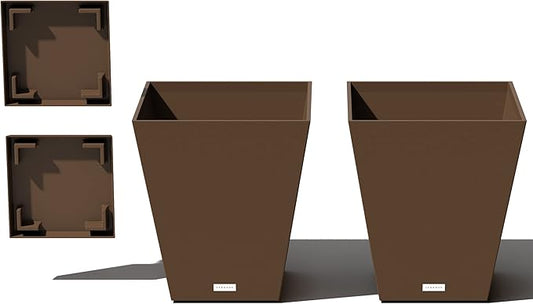 Veradek Nobleton Indoor/Outdoor Wide Square Planter (Espresso, 18" - 2 Pack with 2 Saucer Trays)