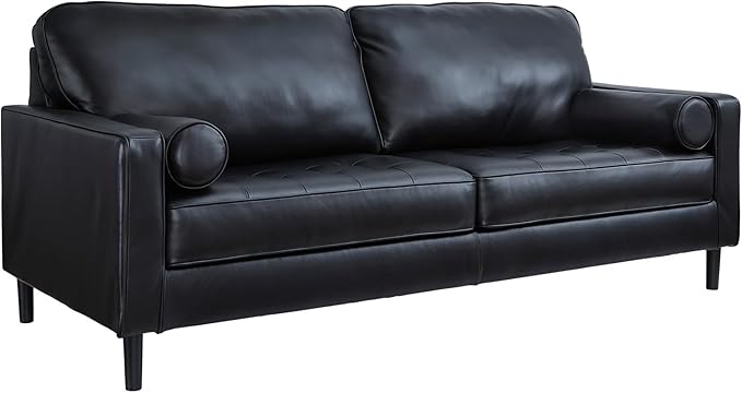 Signature Design by Ashley Bryceview Contemporary Leather Match Tufted Sofa with 2 Bolster Pillows, Black