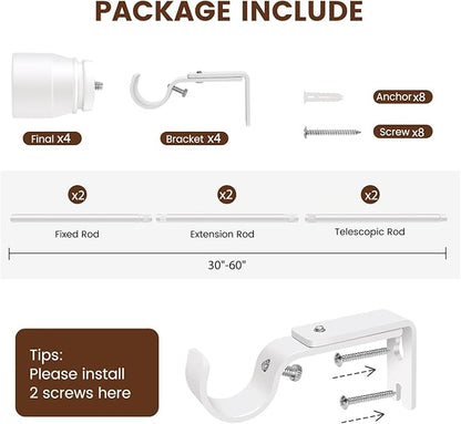 1” Diameter Curtain Rods Itself is 30 to 60 inch 2 Pack Fit 30-54 inch Window with Heavy Duty Adjustable Rod Matte White Splicing Metal Extra Long Curtain Rod for Windows