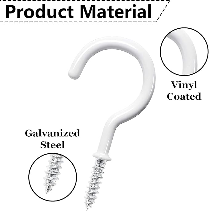 20 Pcs Ceiling Hooks for Hanging Plants - 2.9 inches Heavy Duty, Hanging Hooks for Christmas Lights, Cups, Decors - White Vinyl Coated Screw in Plant Hanger Hook Indoor and Outdoor
