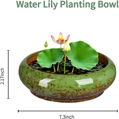 7.3 Inch Succulent Planters Pots Shallow Ceramic Glazed Planter Pots, Lotus Bowl Planter Round Shallow Planter Water Lily Pot for Indoor/Outdoor Plants Decorative (Green
