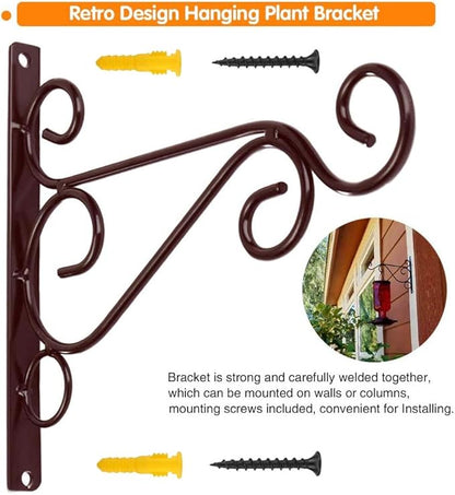 KABB Hanging Plant Bracket, 2 Pcs 10" Iron Decorative Wall Hanger Hooks for Hanging Plants Flower Baskets Bird Feeders Wind Chimes, Indoor Outdoor Rustic Home Decor, Coffee Color