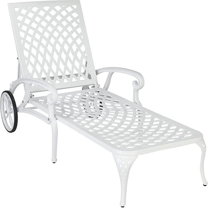 VINGLI Cast Aluminum Outdoor Chaise Lounge Chair with Wheels, Patio Chaise Lounge with 3-Position Adjustable Backrest, Tanning Chair Reclining Chair for Poolside (White, Without Cushion)