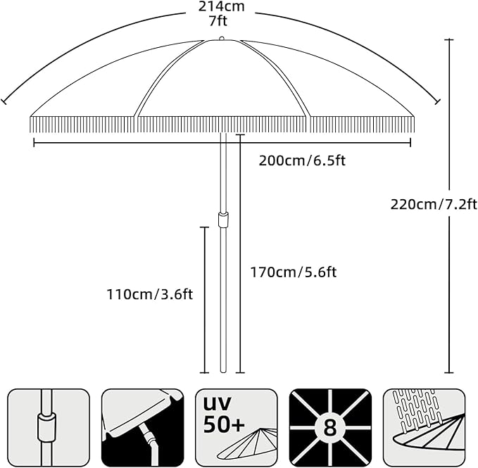 AMMSUN 7ft Patio Umbrella with Fringe Outdoor Tassel Umbrella UPF50+ Premium Steel Pole and Ribs Push Button Tilt, Light Beige