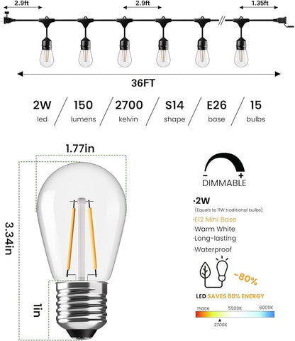 Svater 36 FT Outdoor String Lights 2W, Commercial Grade Patio Light with 13 pc Edison Shatterproof Bulbs, IP65 Waterproof LED Hanging Lighting for Bistro Cafe Market Outside Backyard, Warm White 2700K