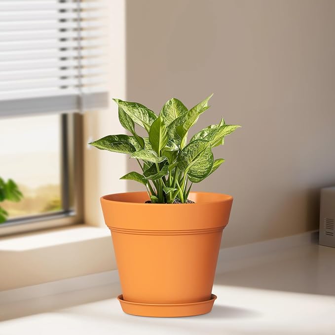 7 Inch Thick Plastic Plant Pots with Drainage Holes and Trays – 6 Pack Nursery Pots for Indoor & Outdoor House Plants, Seedling Starter Planters for Garden Flowers, Terracotta