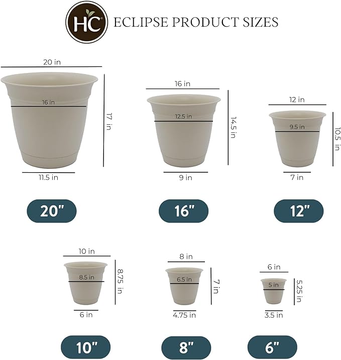 The HC Companies Eclipse Round Planter with Saucer - Outdoor & Indoor Plant Pot with Drainage Holes - Lightweight, UV-Resistant Plastic Pots for Plants, Flowers & Herbs (10" Cottage Stone, Pack of 1)