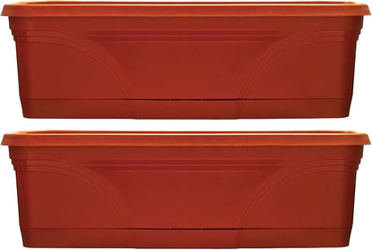 Southern Patio 36 Inch Rectangular Plastic Medallion Hanging Windowsill and Garden Box Planters with Drainage Holes, Terracotta (2 Pack)