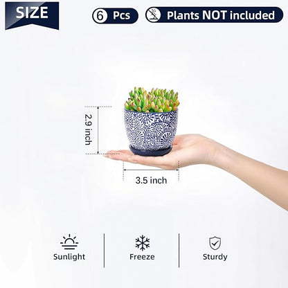 Selamica Ceramic Succulent Pots, 3.5 Inch Small Plant Pots for Indoor Plants Cactus Herbs, Succulent Planters with Drainage Holes & Saucers, Home Decor, Set of 6, Vintage Blue