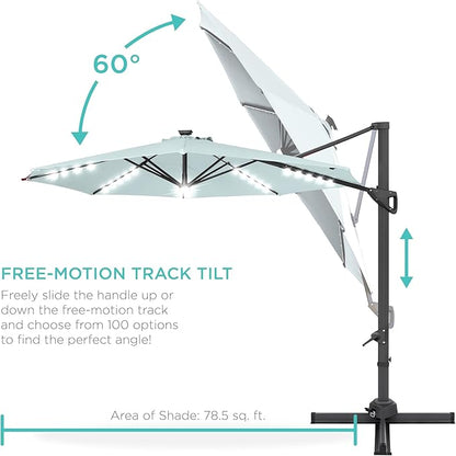 Best Choice Products 10ft Solar LED Cantilever Patio Umbrella, 360-Degree Rotation Hanging Offset Market Outdoor Sun Shade for Backyard, Deck, Poolside w/Lights, Easy Tilt, Cross Base