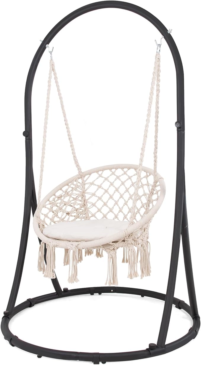 Hammock Chairs with Stand, 330 lb Capacity, Beige Polycotton Hanging Chair