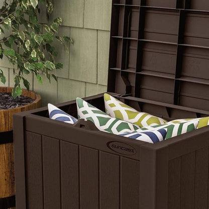 Suncast Small Outdoor Storage Box - 22 Gallon Java Resin Outdoor Deck Box, Flat-Lid Bench Seating, Patio Storage Bin Container for Organizing Tools, Cushions for Porch, Deck, Pool, & Garden