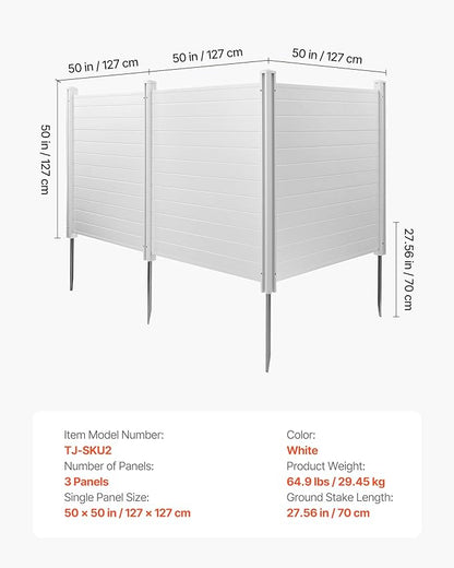 VEVOR Outdoor Privacy Screen, 50in H x 50in W Air Conditioner Fence, 3-Panel Pool Equipment Enclosure, Horizontal PVC Privacy Fence with 27.5 in Ground Stakes, No Dig Trash Can Fence for A/C Units