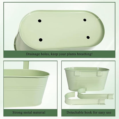 Balcony Hanging Planters Flower Pots, 10" Metal Flower Pots for Outdoor Balcony Rails, Fence Pot Hanging Plant Holders with Detachable Hooks for Garden Patio Yard Decor (Mint Green, 4Pcs)