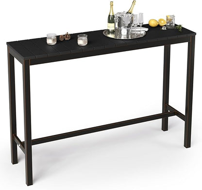 Outdoor Bar Table, 55" Patio Bar Height Counter Console Table, Black Waterproof HDPS Slatted Top and Bronze Leg, Weather Resistant, Hot Tub, Balcony, Yard, Indoor or Outdoor Use