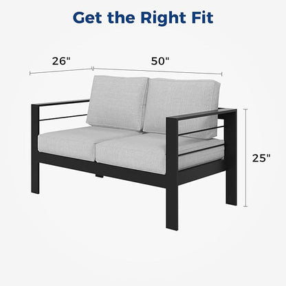 Kiss the Water Outdoor Patio Furniture Loveseat Sofa, All-Weather Metal Aluminum Patio Couch with 5" Thick and Soft Cushion and Wide Arm, Outdoor Couch for Balcony, Porch, Backyard