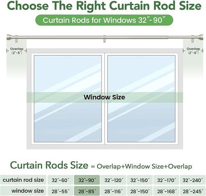 Time Forest Curtain Rods for Windows 48 to 84, 1 Inch Adjustable Heavy Duty Long Window Drapery Rods with End Caps, Indoor Outdoor Curtain Rod for Patio Bedroom, Size 32" - 90", Brushed Nickel