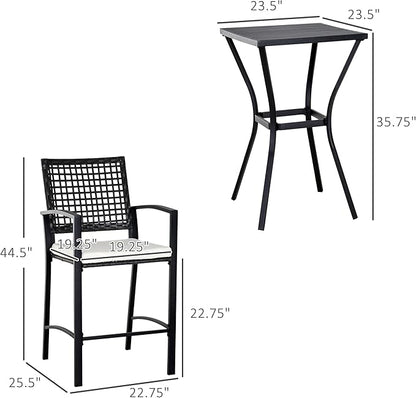 Outsunny 3pcs Patio Bar Set with Soft Cushion, Rattan Wicker Outdoor Furniture Set for Backyards, Lawn, Deck, Poolside
