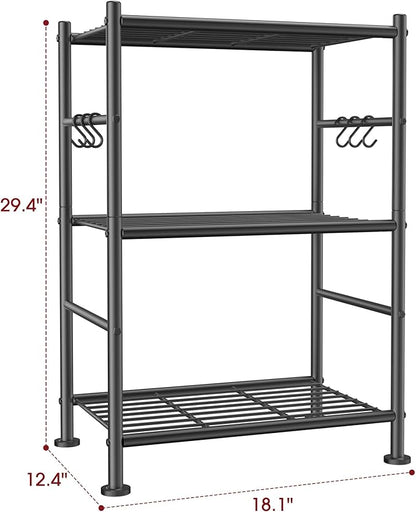 Storage Shelves - 3-Tier Large Capacity Shelf Organizer with Hooks, Heavy-Duty Garage Shelving with Leveling Feet, Wobble-Free Rack for Bedroom, Balcony, Garage, 18.1"×12.4"×29.4", Black
