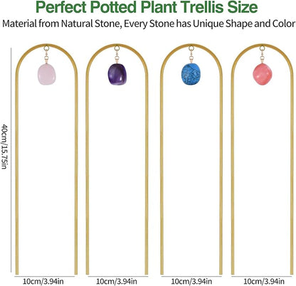 Plant Trellis for Climbing Plants, 15.75 inch Garden Small Metal Arch Glod Trellis for Potted Plants Indoor Outdoor with Natural Stone Decor for Vine Ivy Flower Support 4 Pack
