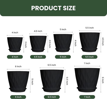 7/6.5/6/5.5/5/4.5/4 inch Plastic Plant Pots, 7 Pack Flower Planter for Indoor Outdoor Plant, Planters with Drainage Holes and Trays (Black)