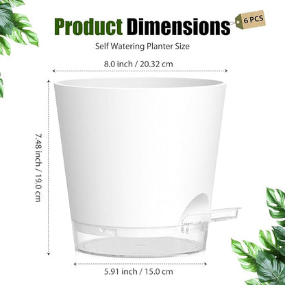 Plant Pots 8 Inch Self Watering Pots, 2 Pack Plastic Planters with Drainage Holes and Clear Saucers,Plastic Flower Pots for Indoor Out Door Plants(White)