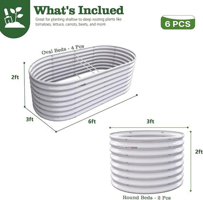 A ANLEOLIFE Set of 6 24 Inch Tall Antique White Raised Garden Beds Kit, Oval & Round Metal Planters – Ideal for Backyard Vegetables Flowers Herbs