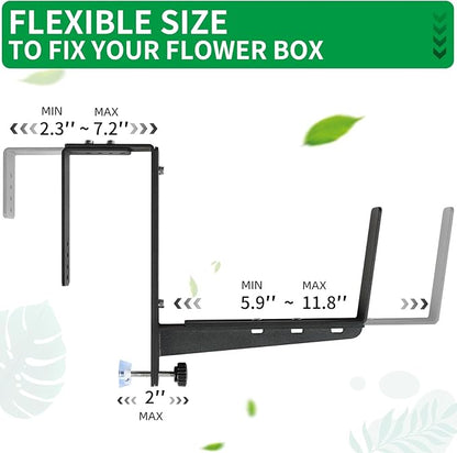 Window Box Brackets, Adjustable Planter Box Brackets, Heavy Duty Iron Flower Box Brackets for Railings, with Enhanced Bottom Support - Perfect for Balconies, Fences, and Gardens (Black, 6 Pack)