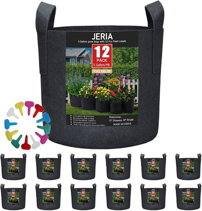 JERIA 12-Pack 5 Gallon Grow Bags, 300G Thickened Nonwoven Garden Pots,Heavy Duty Fabric Pots with Reinforced Handles