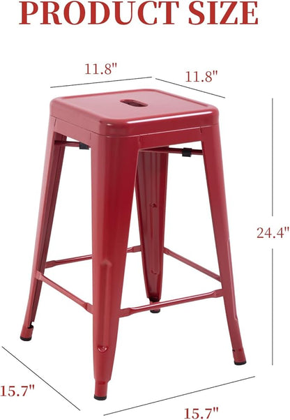 FDW Metal Bar Stools Set of 4 Counter Height Bar Stools 24 Inches Industrial Bar Chairs Patio Stool Stackable Backless Stool Indoor Outdoor Metal Kitchen Stools Bar Chairs (Red, 24")