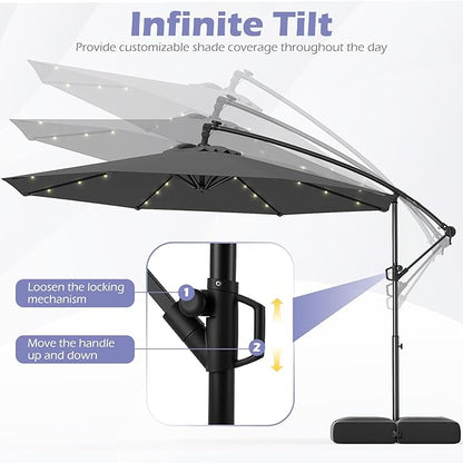 Tangkula 10ft Solar LED Patio Umbrella with Base, Offset Cantilever Outdoor Umbrella with 32 LED Lights, Infinite Tilt, 360 Degree Rotation, Crank Handle for Pool Deck Garden Backyard (Gray)