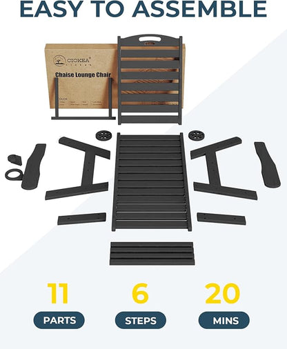 Ciokea Lounge Chair Outdoor, Oversized Chaise Lounge Chair with 5 Positions, HDPE, Patio Lounge Chair with Wheels & Cup Holder for Pool, Deck, Poolside, Black