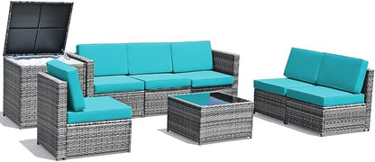 Tangkula 8 Pieces Wicker Patio Furniture Set with Storage Deck Box, PE Rattan Outdoor Sectional Conversation Set with Coffee Table & Cushions, Outside Furniture for Garden Yard Poolside (Turquoise)