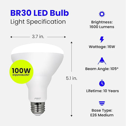 Feit Electric BR30 LED Light Bulbs, 100W Equivalent, Dimmable, E26 Standard Base, 80 CRI, 1400 Lumens, 2700K Soft White, 120V, 10 Years Lifetime, Damp Rated, 6 Pack, 100BR30DM82710KLED/6
