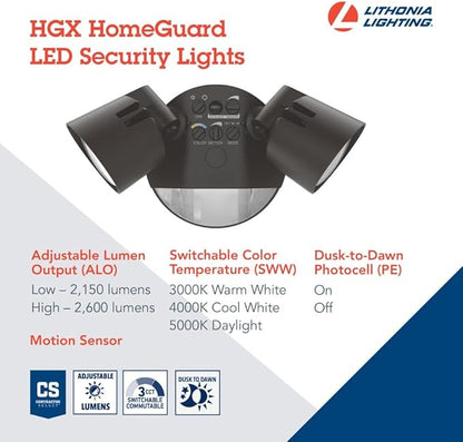 Lithonia Lighting HomeGuard 2-Light LED Outdoor Flood Lights, Motion Sensor Outdoor Lights with Dusk to Dawn, Adjustable Lumens and Color, Round Heads, Dark Bronze (HGX LED 2RH ALO SWW2 120 PIR DDB)