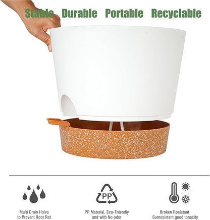 12inch Large Self Watering Plant Pot, Plastic Cylinder Planter with 60Oz Deep Reservoir and Saucer for Indoor Outdoor Plants Flowers Houseplants, White with Brown