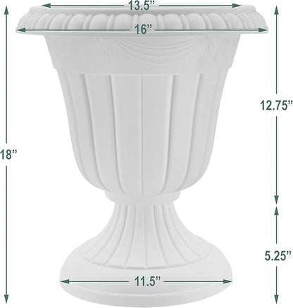 Arcadia Garden Products PL00CW Classic Traditional Plastic Urn Planter Indoor/Outdoor, 16" x 18", White Wash