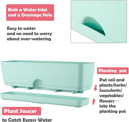 6 Pack Rectangle Planter 16x4.4 Inch Window Boxes Planters Rectangular Large Window Sill Planters Indoor Self Watering Plant Pots with Drainage Holes and Saucers Succulent Herb Flower Pots, Blue