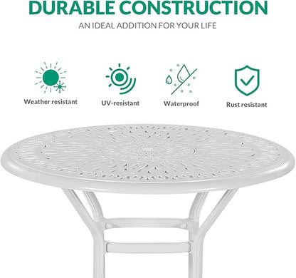 VIVIJASON 5-Piece Patio Swivel Bar Stools Set, All Weather Cast Aluminum Outdoor Bar Height Bistro Set with 4 Cushioned Bar Chairs & 35.4" High Bar Table w/Umbrella Hole for Backyard, Lawn, White