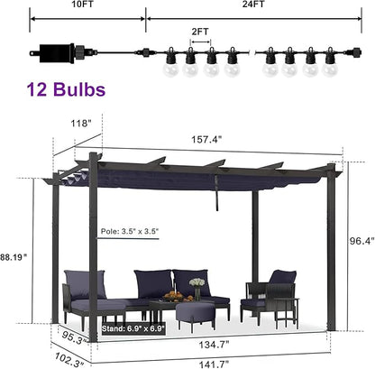 PURPLE LEAF 10' x 13' Outdoor Retractable Pergola with Double Sun Shade Canopy Patio Aluminum Pergola Metal Shelter with Light for Backyard Deck Garden, Navy Blue