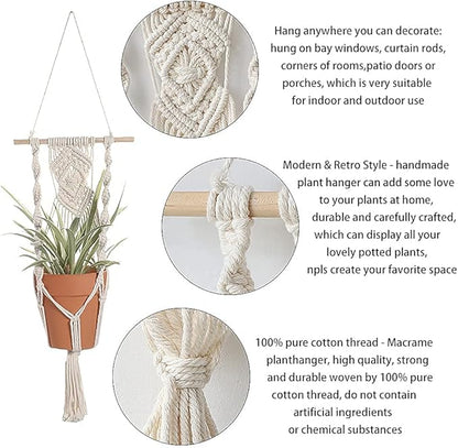 Artilady Boho Macrame Plant Hangers - Handmade Hemp Rope Hanging Baskets for Plants with Ceiling Hooks, Bohemian Home Decor Wall Art (White Wood Hanger-2pcs)