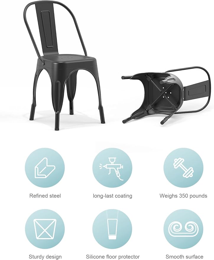 Patio Dining Chairs, Black Metal Farmhouse Stackable Set of 4