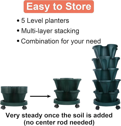 DUNCHATY Stackable Polypropylene Planters, 5-Tier, Pine Green, Indoor/Outdoor, 29" Height x 13.6" Diameter