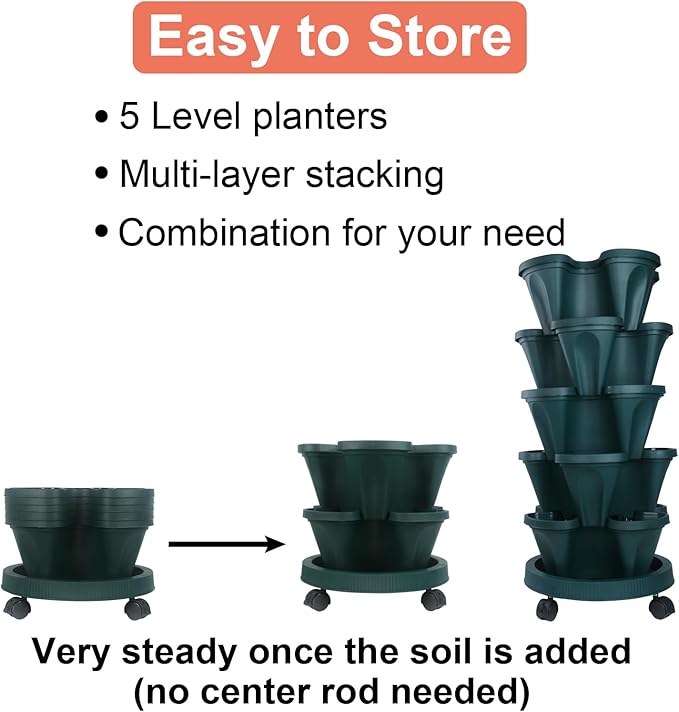 DUNCHATY Stackable Vertical Garden Planter with Wheels, 5 Tier Herb Planter Pots for Growing Vegetables and Succulents, Pine Green