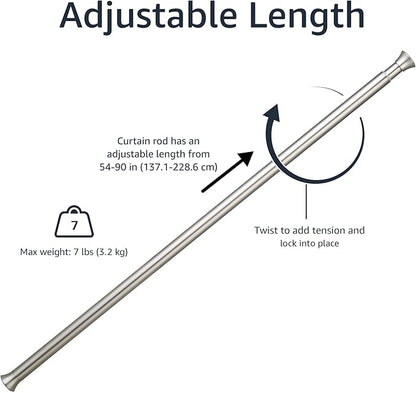 Amazon Basics No Drill Adjustable Indoor Outdoor Tension Curtain Rod, 54-90" Length, Nickel